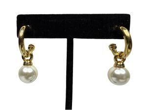 Elegant Gold Tone Hoop Drop Earrings with Faux Pearl Dangle Fashion Jewelry 1.5"
